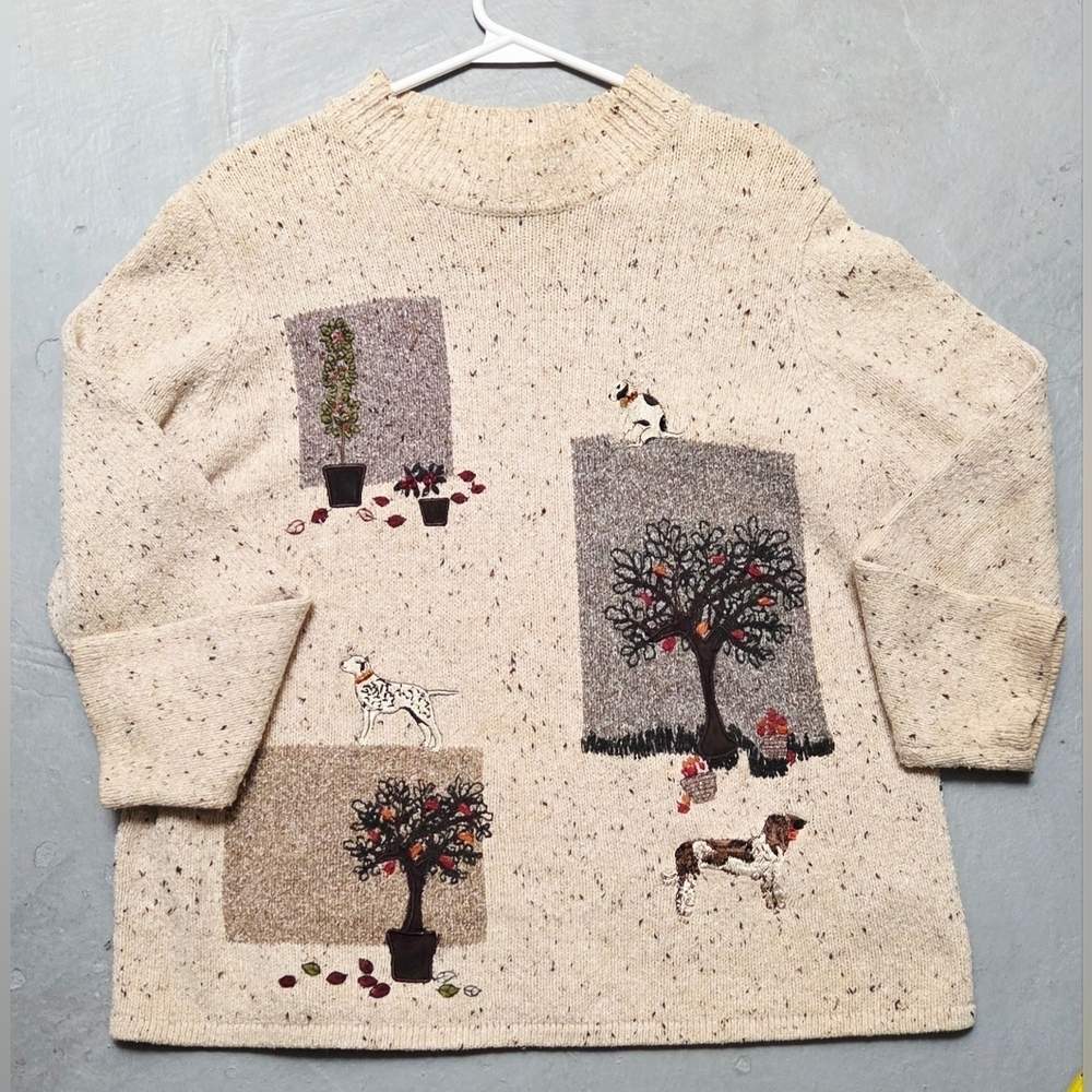Tanjay Vintage Sz M Cozy Cream Sweater Artistic Novelty Embroidered Design - Picture 4 of 13